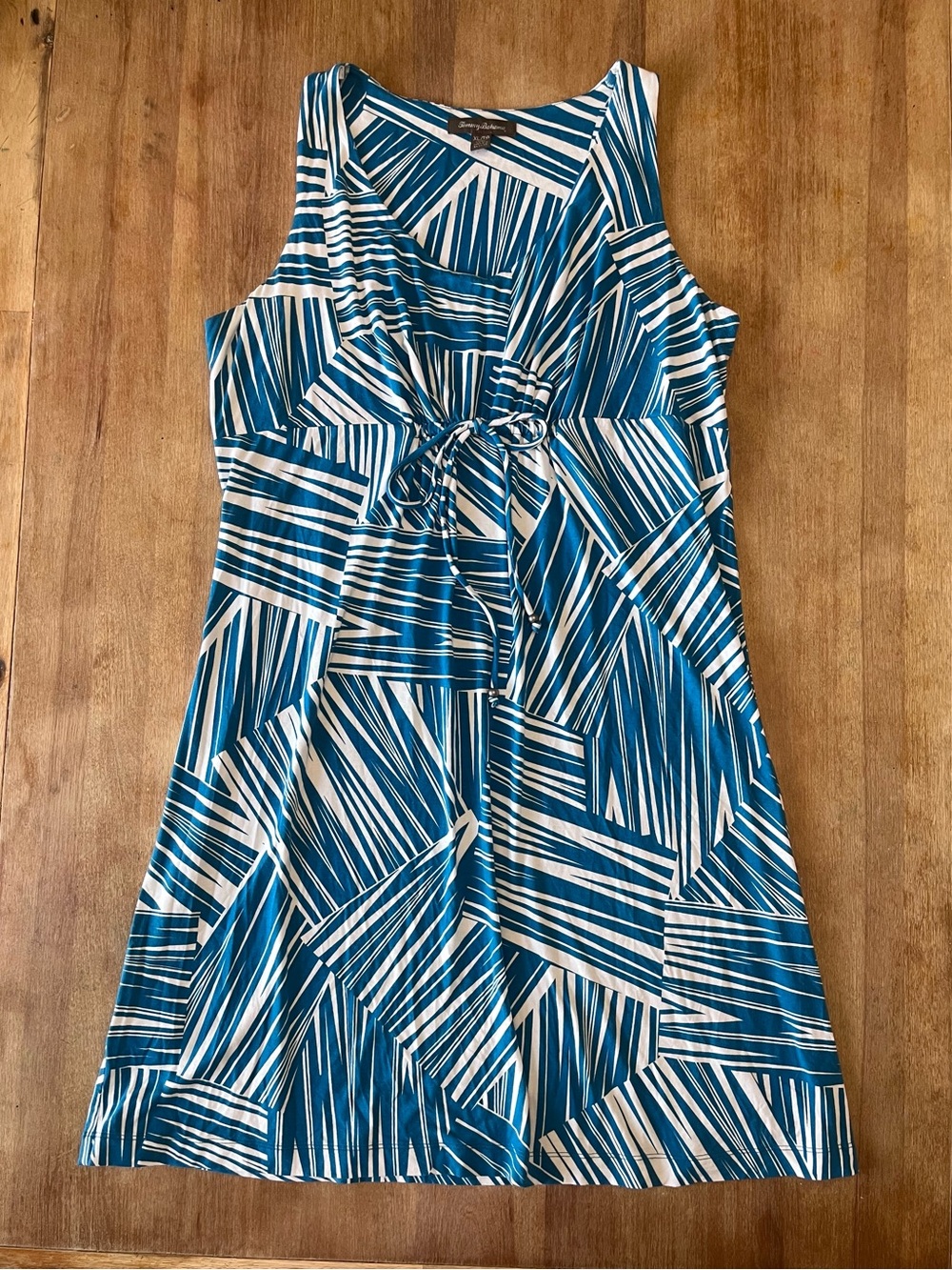 Tommy Bahama Teal & White Sleeveless Tie-Waist Geometric Dress